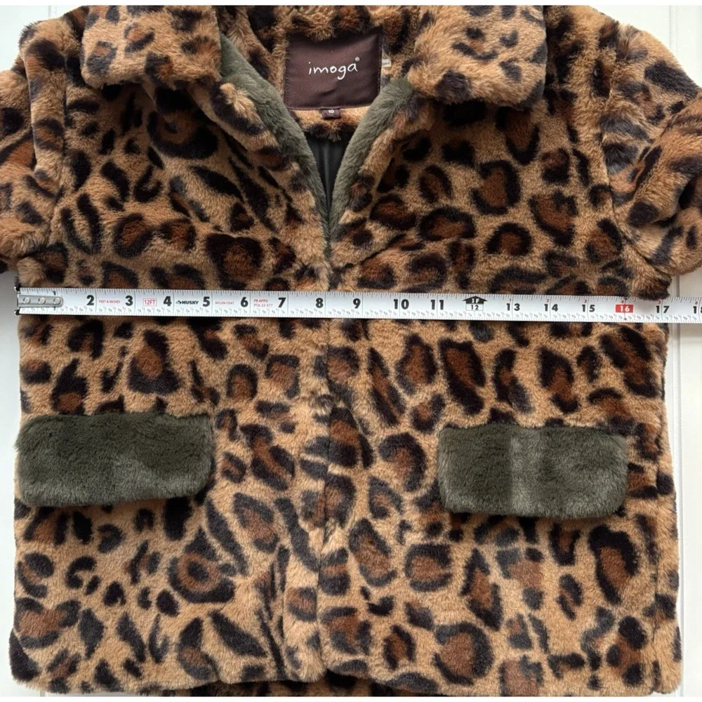 IMOGA Emma Leopard Faux Fur Coat Girls Size 10 Animal Print Jacket Red Trim